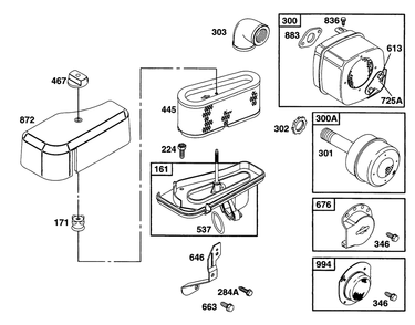 Air Cleaner Grp, Muffler Grp Diagram and Parts List for 28C707-0118-XX  Briggs and Stratton Engine